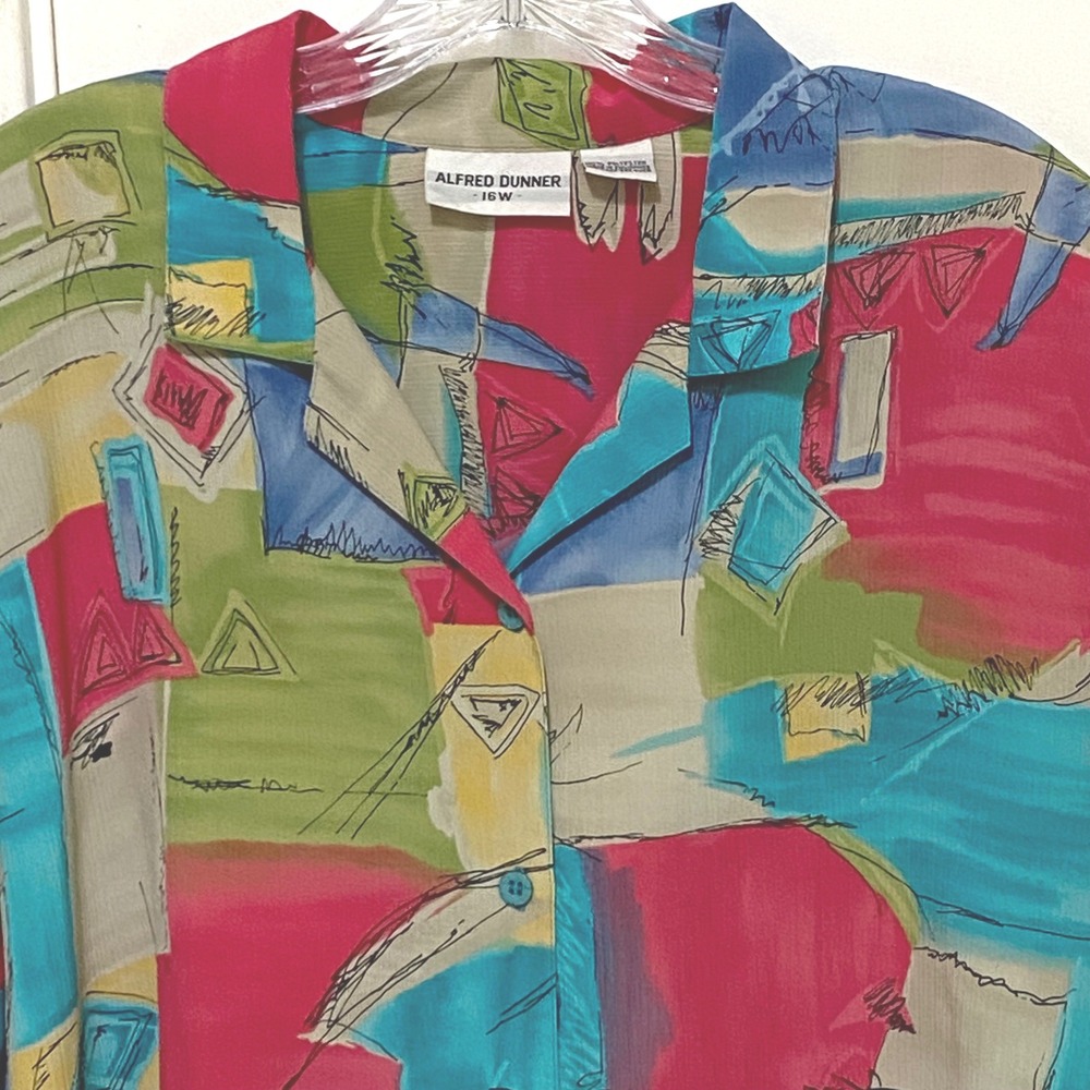 Alfred Dunner Coastal Grandma Button Up Top 16W Abstract Art‎ to Wear Vacation